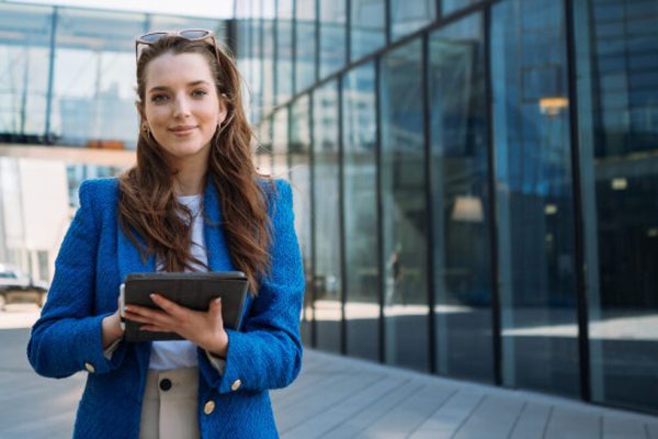 Woman with ipad, in front of an office outside