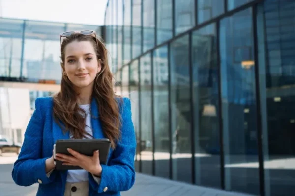 Business woman smiling holding a tablet outside an office