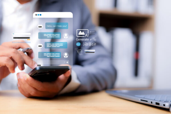 Chat With AI Or Artificial Intelligence. Young Businessman Chatting With A Smart AI Or Artificial Intelligence Using An Artificial Intelligence Chatbot Developed By OpenAI.