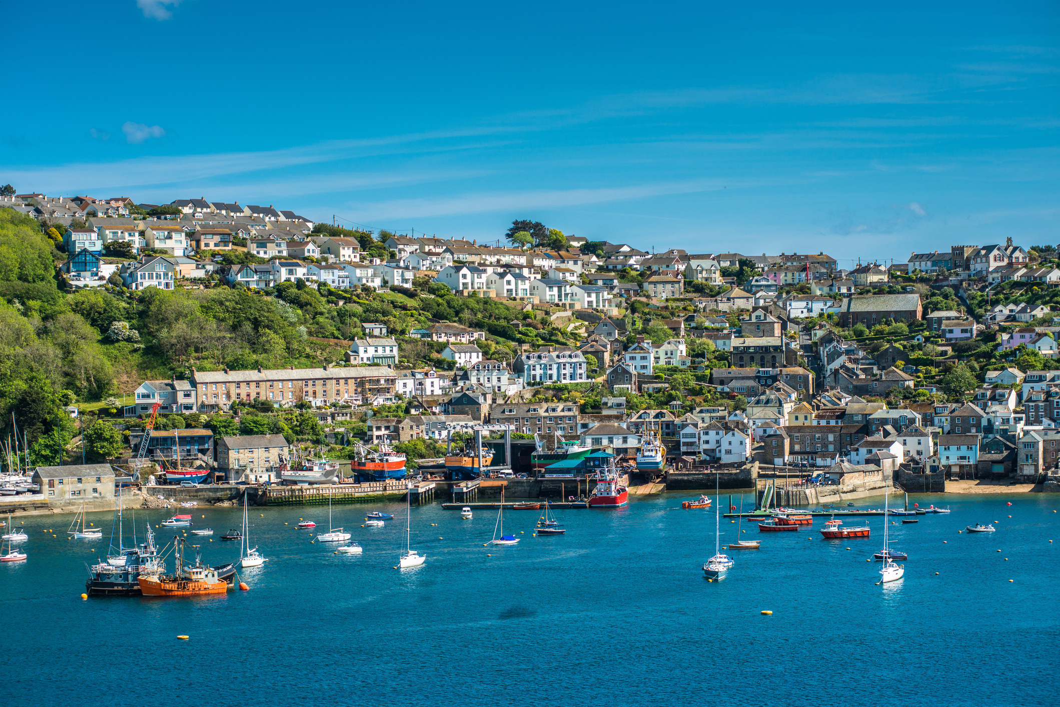 Hillside houses above the harbour in Fowey, Cornwall